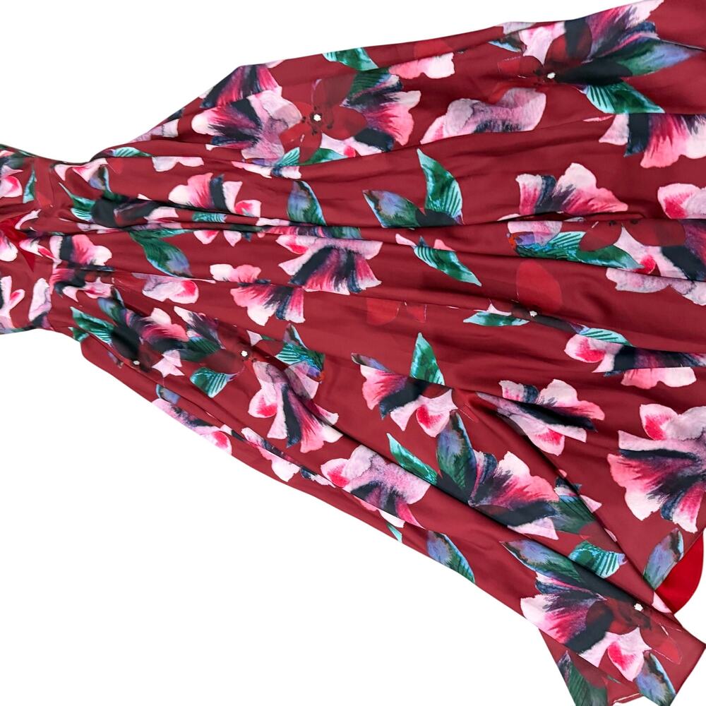 Fame And Partners Burgundy Floral Hummingbird Print A Line Gown Size 2 - Picture 3 of 7